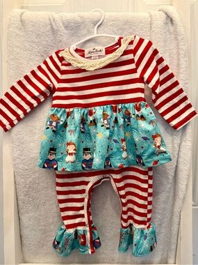 Marie Nicole Red Stripe Nutcracker Christmas Baby One-Piece 3-6 month